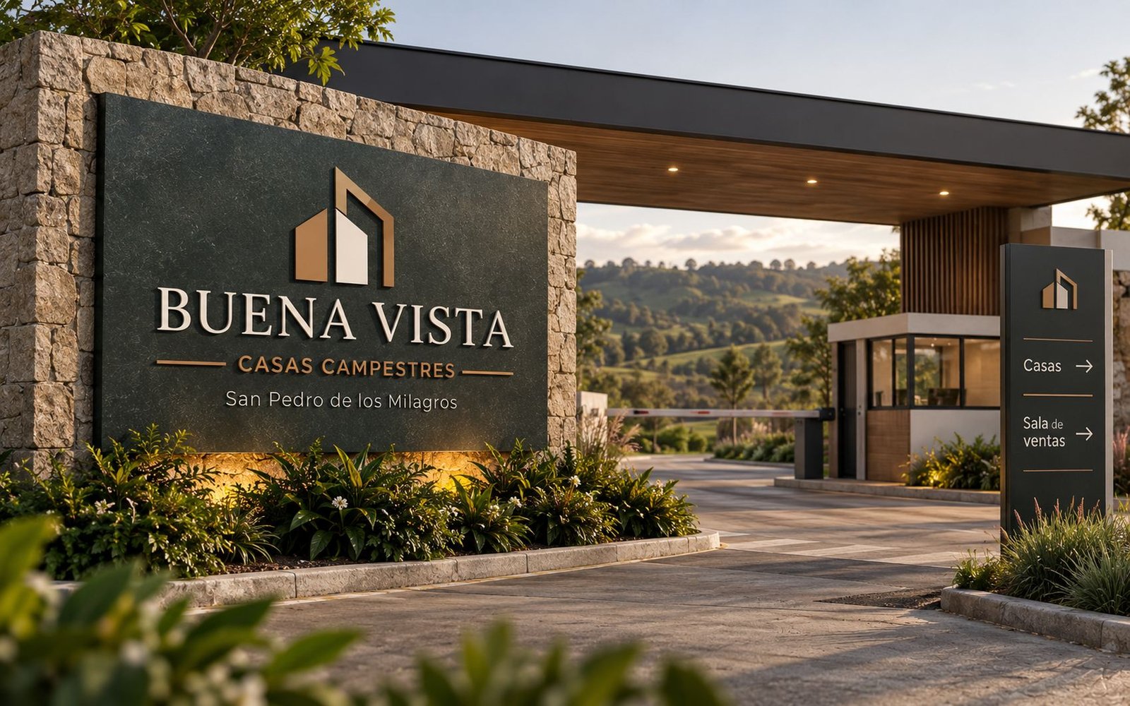 Acceso a Buena Vista Casas Campestres con portería y las montañas de San Pedro de los Milagros al fondo