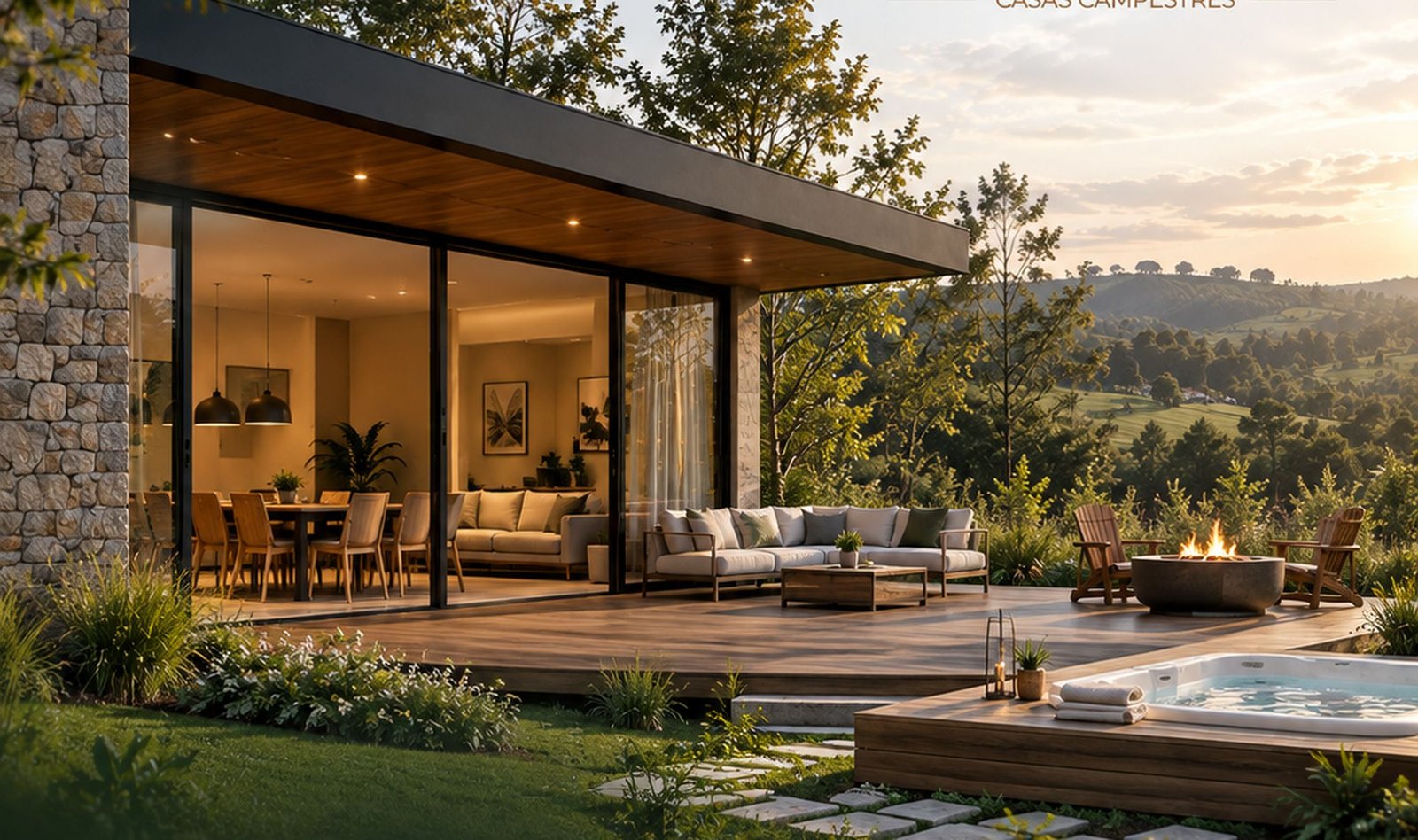 Casa campestre de Buena Vista al atardecer, con deck en madera, zona de fogata y jacuzzi frente a las montañas