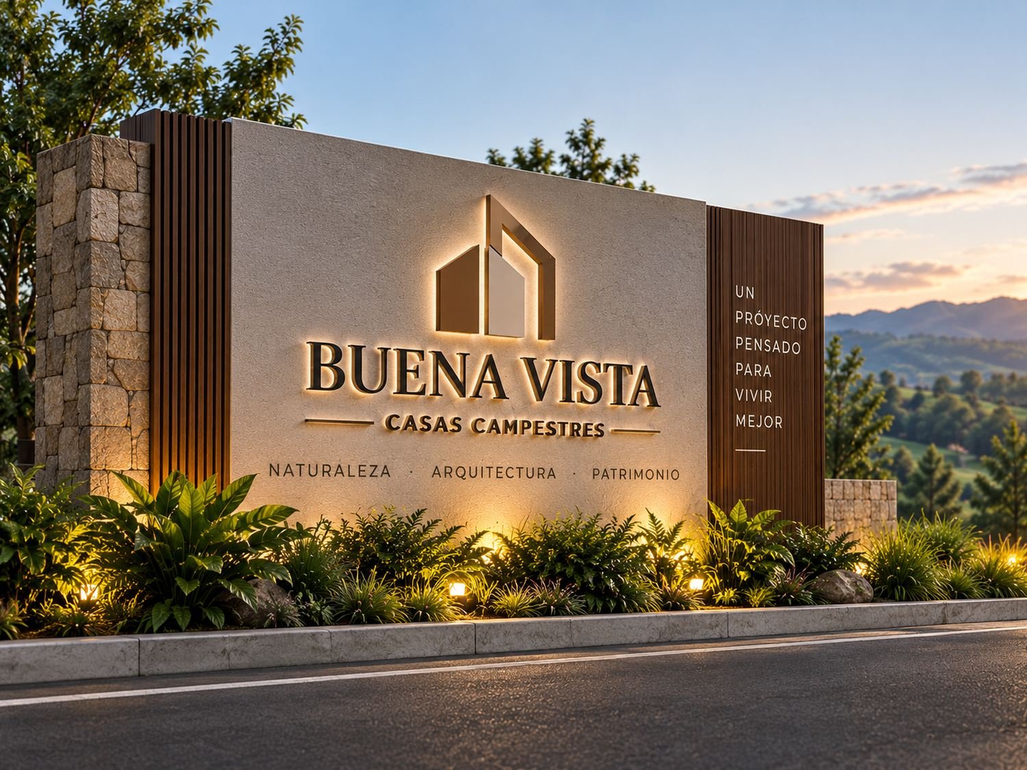 Valla de acceso a Buena Vista Casas Campestres al atardecer